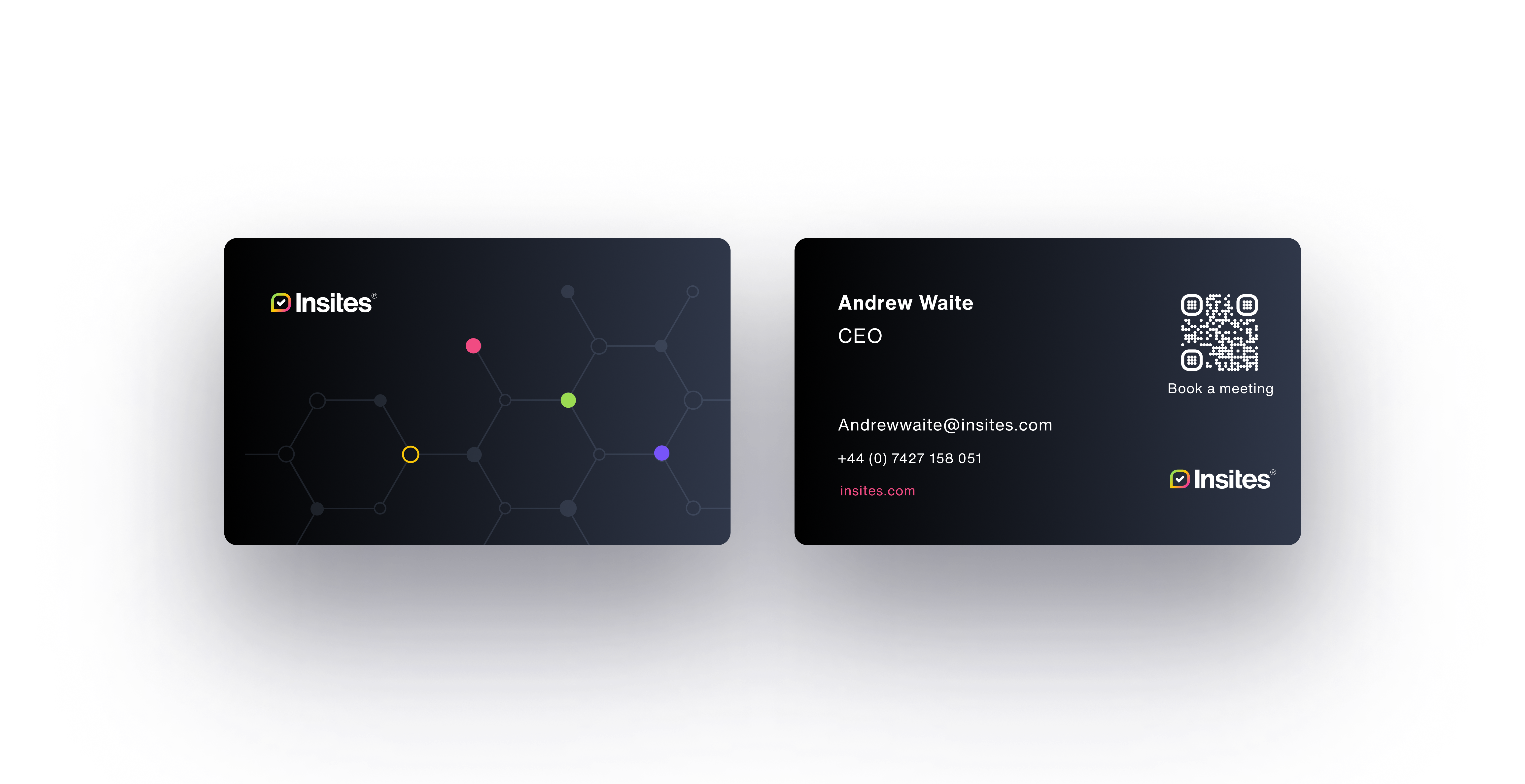 Insites business card mockups showing a dark molecular front and contact detail reverse.